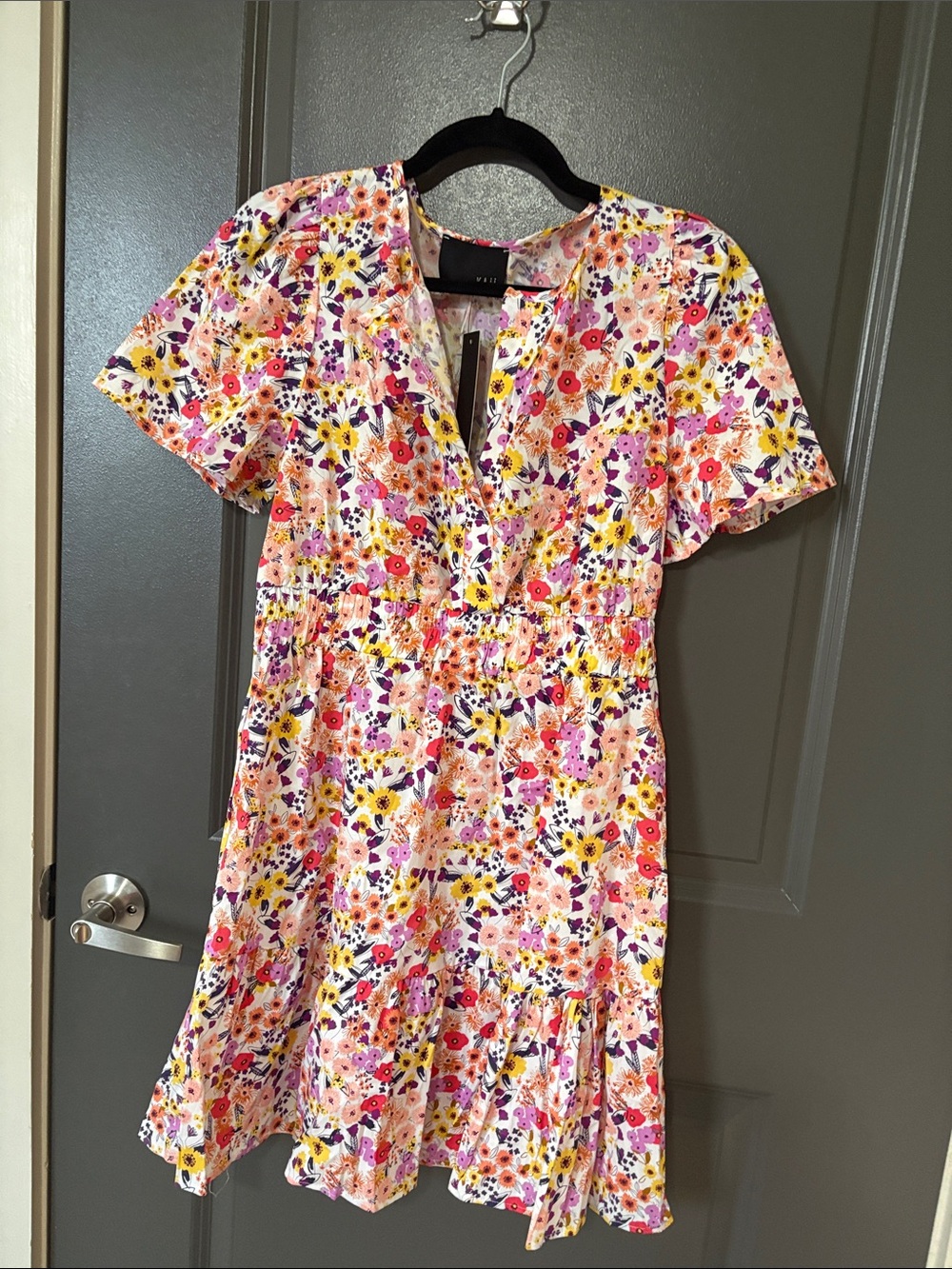 Kaii Floral V-Neck Mini Dress - White, Pink, Yellow